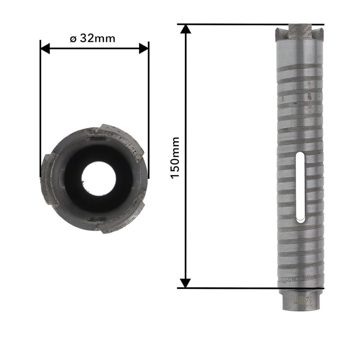 PRODIAMANT Diamant Bohrkrone ø 32mm Nutzlänge 150mm mit 6-Kant Adapter lasergeschweisst für trocken