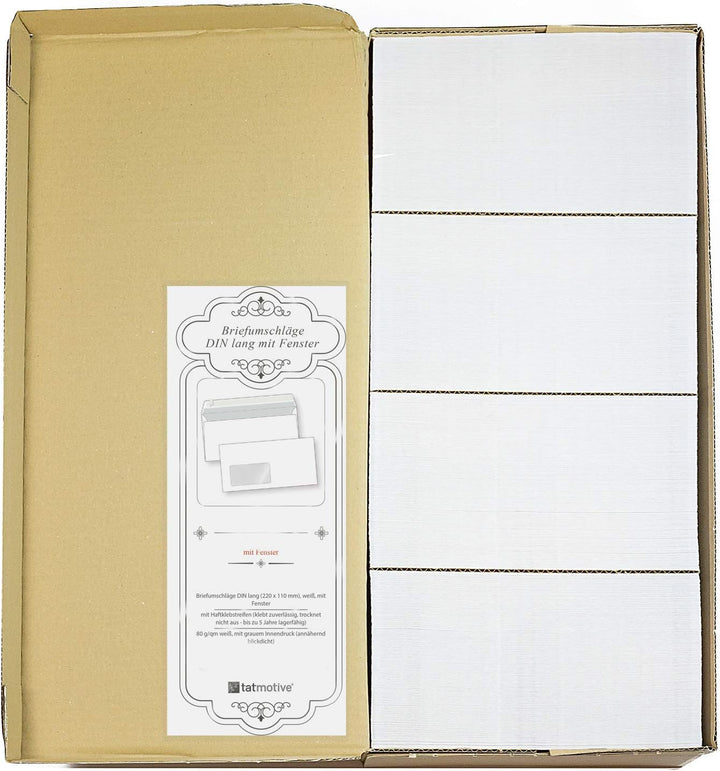 TATMOTIVE Briefumschläge DIN lang Mit Fenster (1000 Stück) Mit Haftklebestreifen (kein Austrocknen -