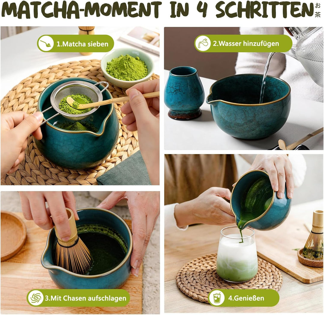 Matcha Set 7-teilig | Premium Tee-Zeremonie Set mit Matcha-Schale, Bambus-Chasen (100+ Spitzen), Hal