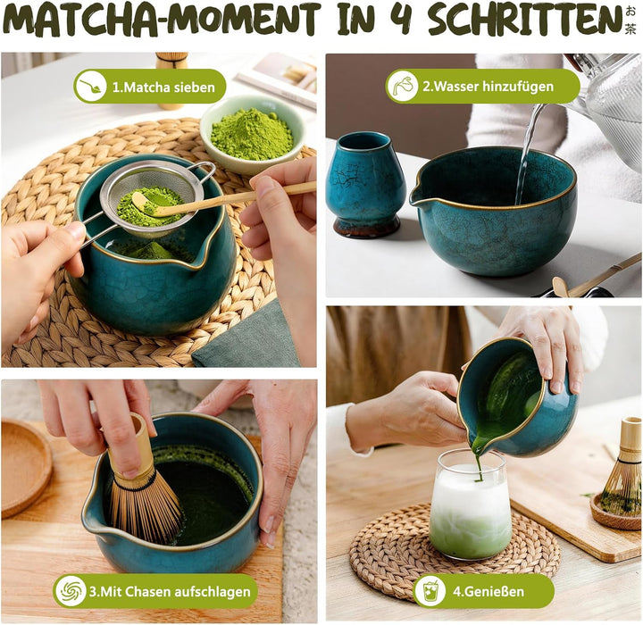 Matcha Set 7-teilig | Premium Tee-Zeremonie Set mit Matcha-Schale, Bambus-Chasen (100+ Spitzen), Hal