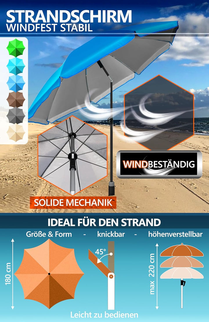 4smile Sonnenschirm Strand SunnyJoy Ø 180 cm, 3er Set - Strandschirm mit UV Schutz 50+, inkl. Sonnen