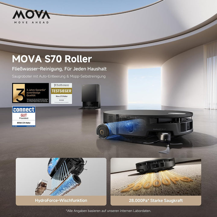 Mova S70 Roller Saug- und Wischroboter, Frischwasser-Wischen, 28.000 Pa, DToF+Linienlaser Hindernisv