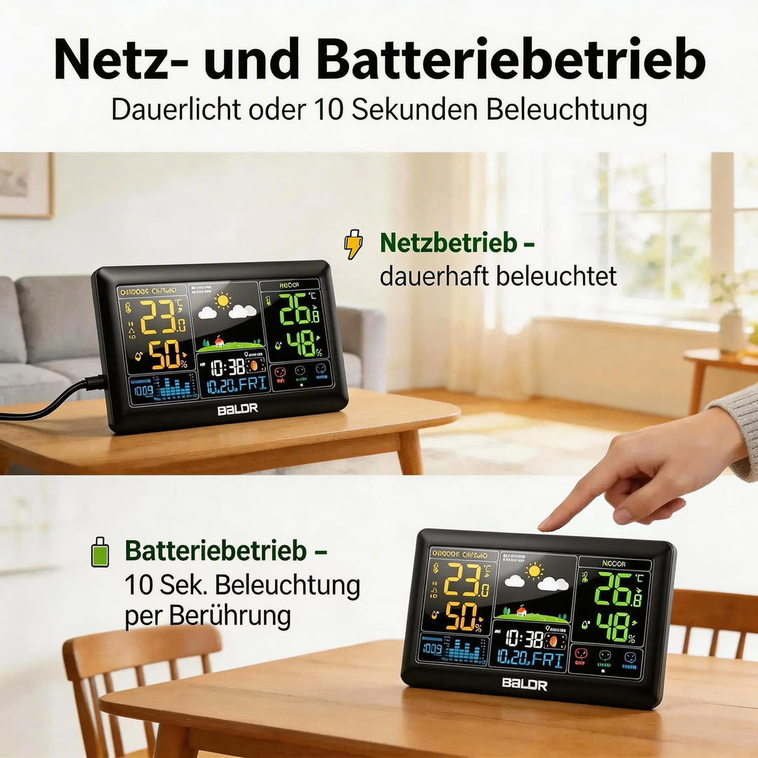 Konsen Wetterstation funk mit Aussensensor DCF Funkuhr, Grosses Farbdisplay mit Innen und Aussentemp