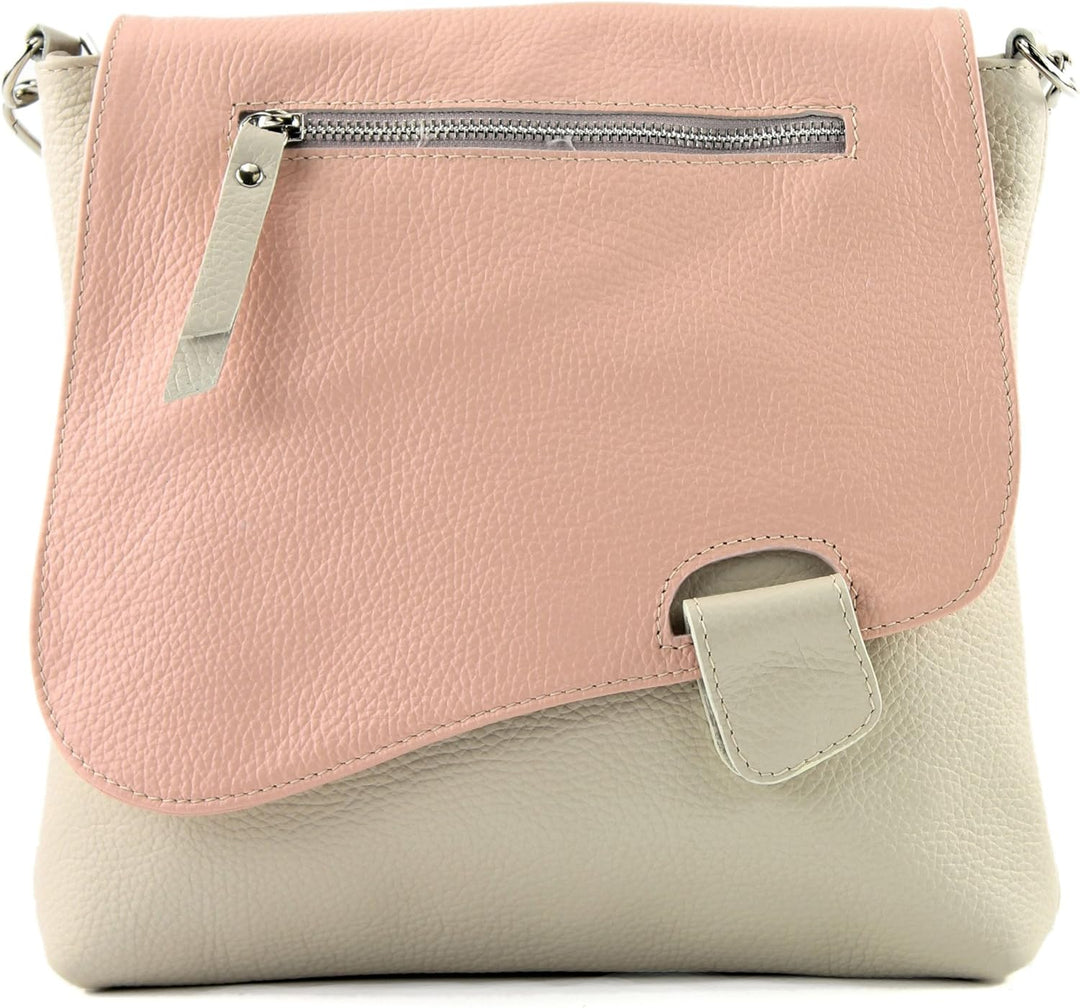modamoda de - T146 - ital Messengertasche Umhängetasche aus Leder Cremebeige/Rosa, Cremebeige/Rosa
