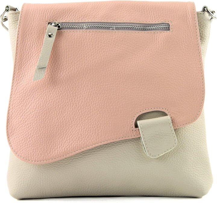 modamoda de - T146 - ital Messengertasche Umhängetasche aus Leder Cremebeige/Rosa, Cremebeige/Rosa