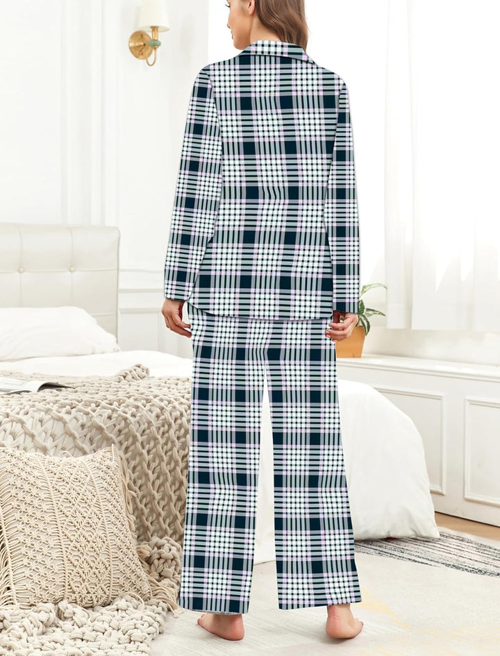 Famulily Frauen Langarm Pyjama Set Plaid Loungewear Sets Button Up Top und Wide Leg Hosen S-XXL, S S