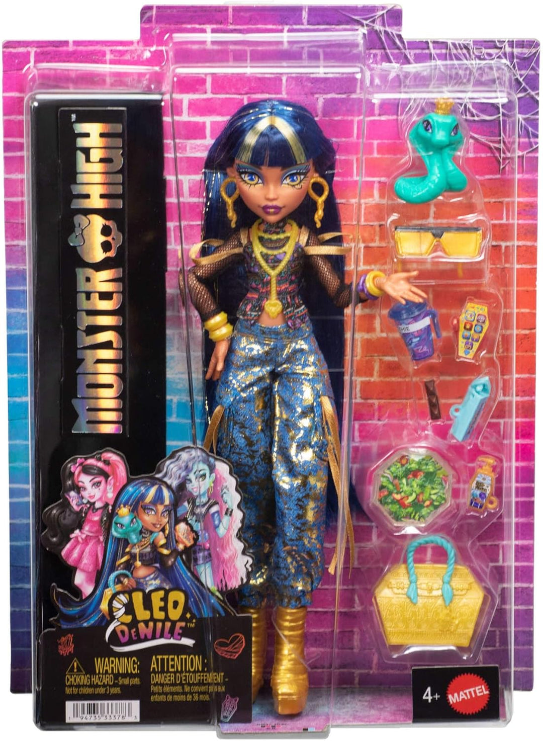 Monster High-Puppe Cleo de Nile in Crop-Top und Goldener Jeans-Cargohose mit Haustierschlange Hisset