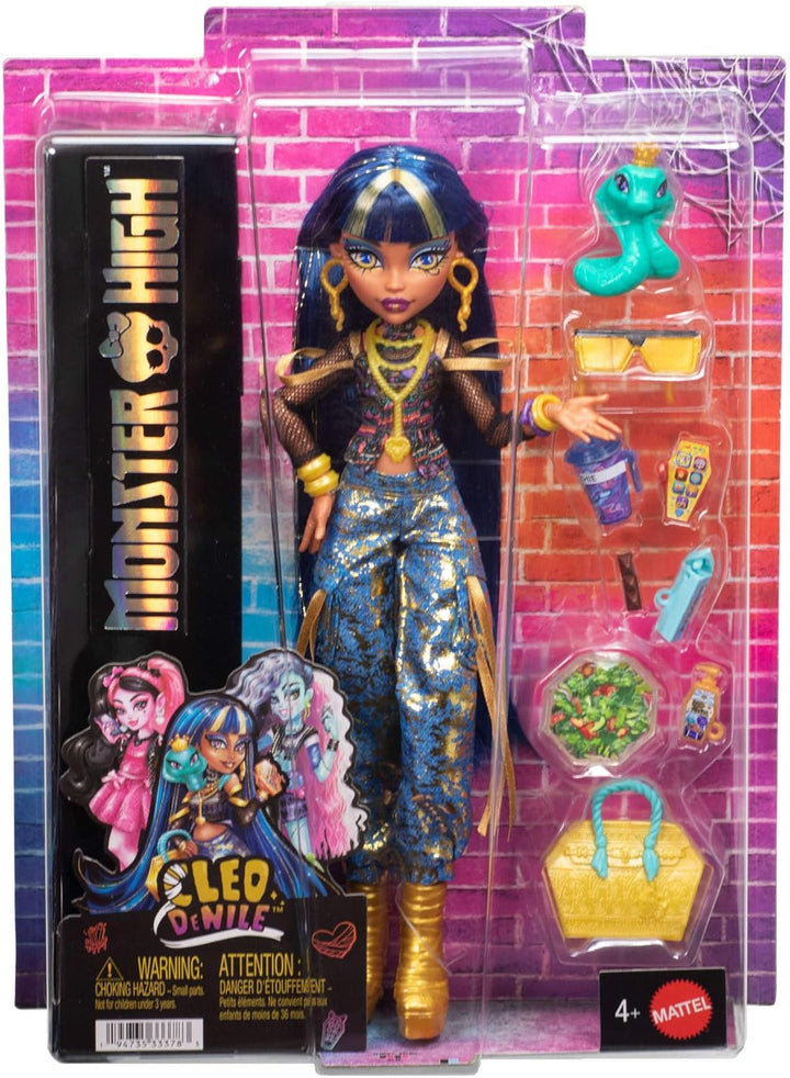 Monster High-Puppe Cleo de Nile in Crop-Top und Goldener Jeans-Cargohose mit Haustierschlange Hisset