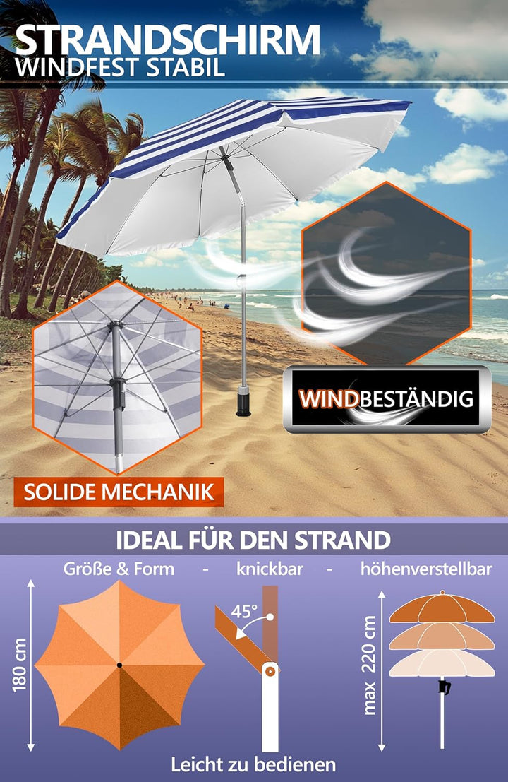 4smile Sonnenschirm Strand 3-IN-1 SET mit Bodenhülse, Ø 180 cm, Blau-Weiss | Strandschirm windfest s