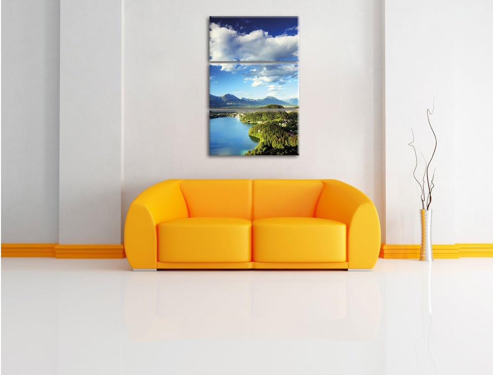 Pixxprint See mit Insel Landschaft 3-Teiler Leinwandbild 120x80 Bild auf Leinwand