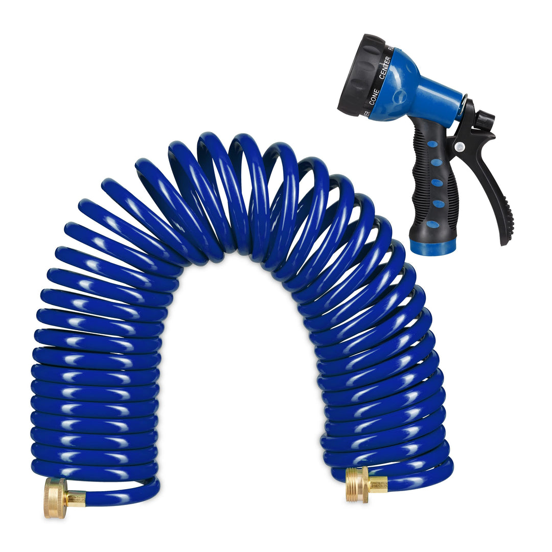 Relaxdays Spiralschlauch Wasser, bis 10 m ausziehbar, flexibler Gartenschlauch mit Wasserbrause, 7 S