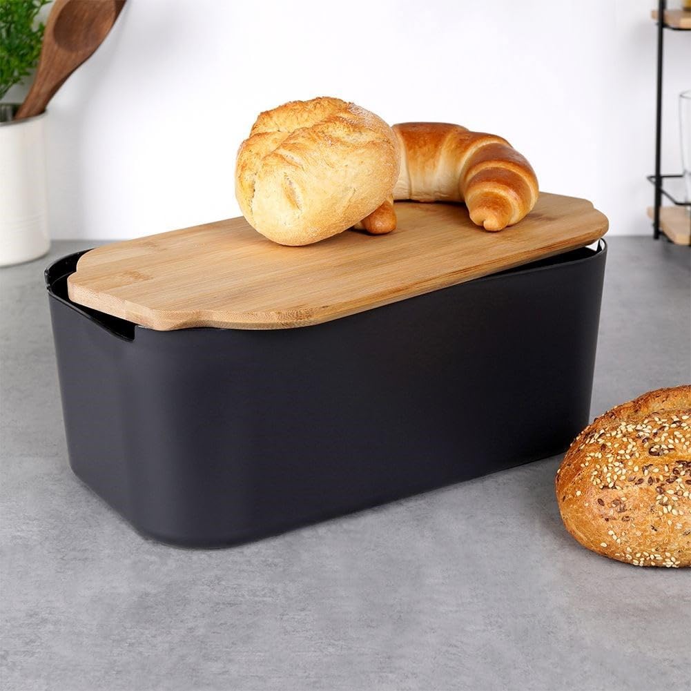 Vilde Brotkasten mit Holzbrett Schwarz - Brotkorb - Brotbox - Brotbehälter - brottopf zum aufbewahre