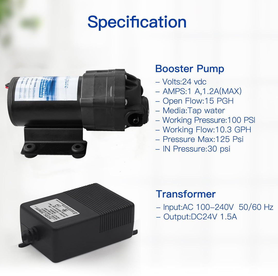 Geekpure Umkehrosmose Booster Pumpe Kit mit Transformator + Hoch und Niederdruckschalter + Armaturen