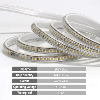 FOLGEMIR 15m Warmweiss LED Band, 2835 SMD 144 Leds/m Lichtleiste, 220V 230V Strip, sehr helle Beleuc