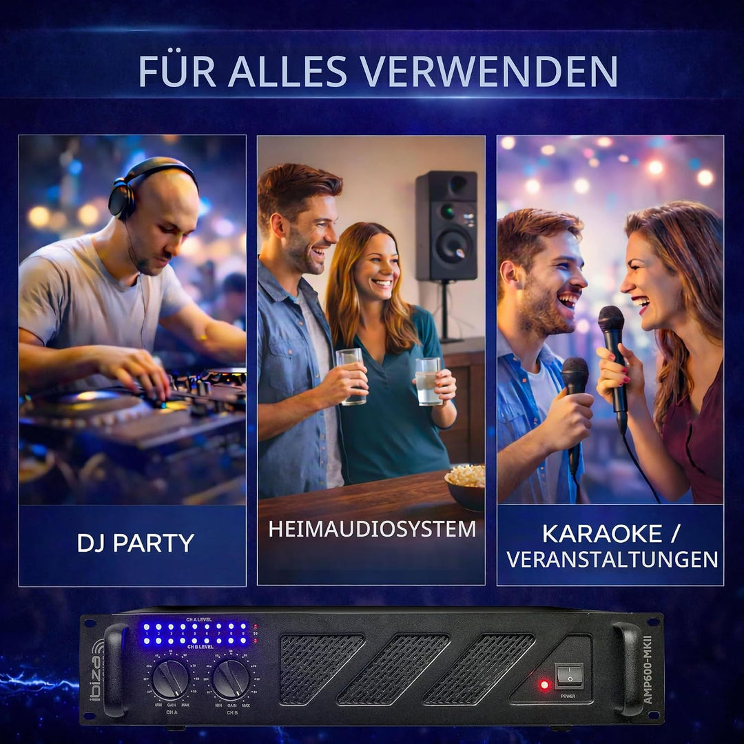 Ibiza - AMP600-MKII - Professioneller PA-Verstärker 2x480W mit RCA/Klinke Eingängen und Speakon/Born