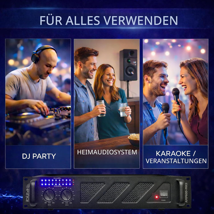 Ibiza - AMP600-MKII - Professioneller PA-Verstärker 2x480W mit RCA/Klinke Eingängen und Speakon/Born