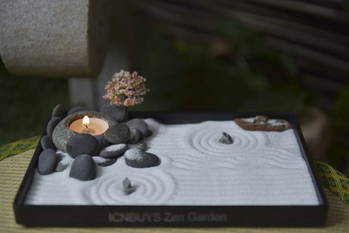 ICNBUYS Kerzenhalter aus Zen-Gartenkiesel, handgefertigt, mit Zen-Gartenwerkzeugen, Sand, Grundplatt