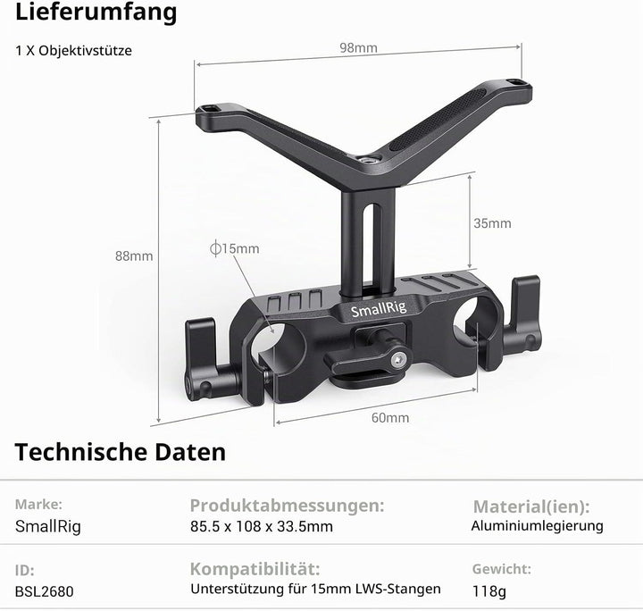 SMALLRIG Lange Linse Unterstützung mit 15mm Stangenklemme (34.5mm Höhenverstellbar) -BSL2680