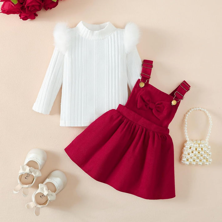 Kleinkind Baby Mädchen Kleidung Langarm Strick Rippenoberteile Schleife Cord Hosenträgerrock Kleid O