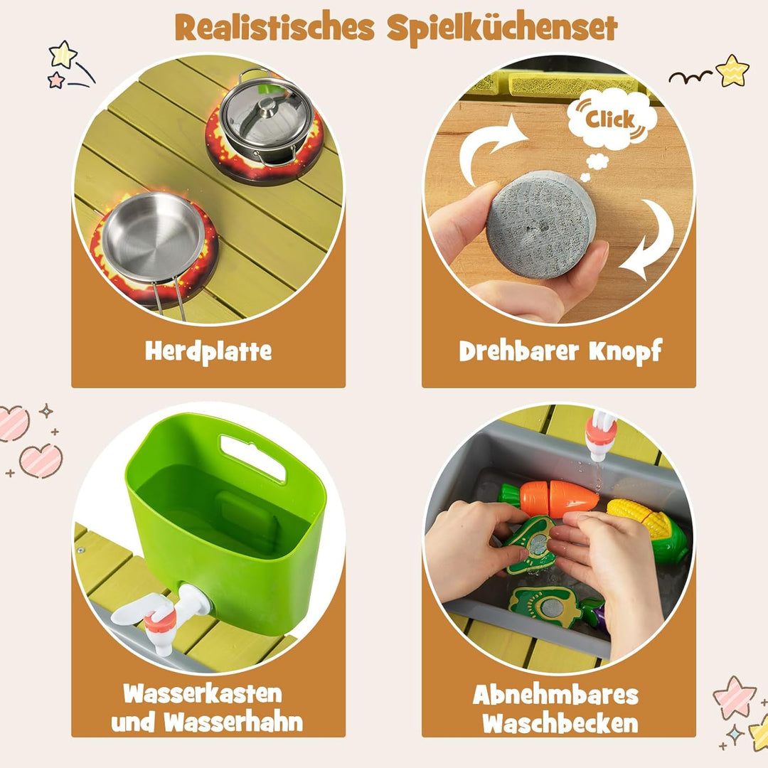 COSTWAY Matschküche Outdoor, Kinderküche Holz mit Wasserfunktion, Spielküche mit Haken & Abnehmbarem