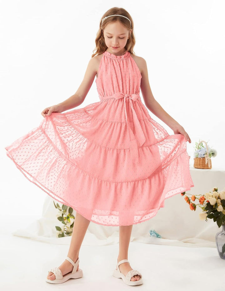 GRACE KARIN Mädchen Prinzessin Kleider Neckholder Swiss Dot Kleid A-Linie Maxikleid Casual Party Fes