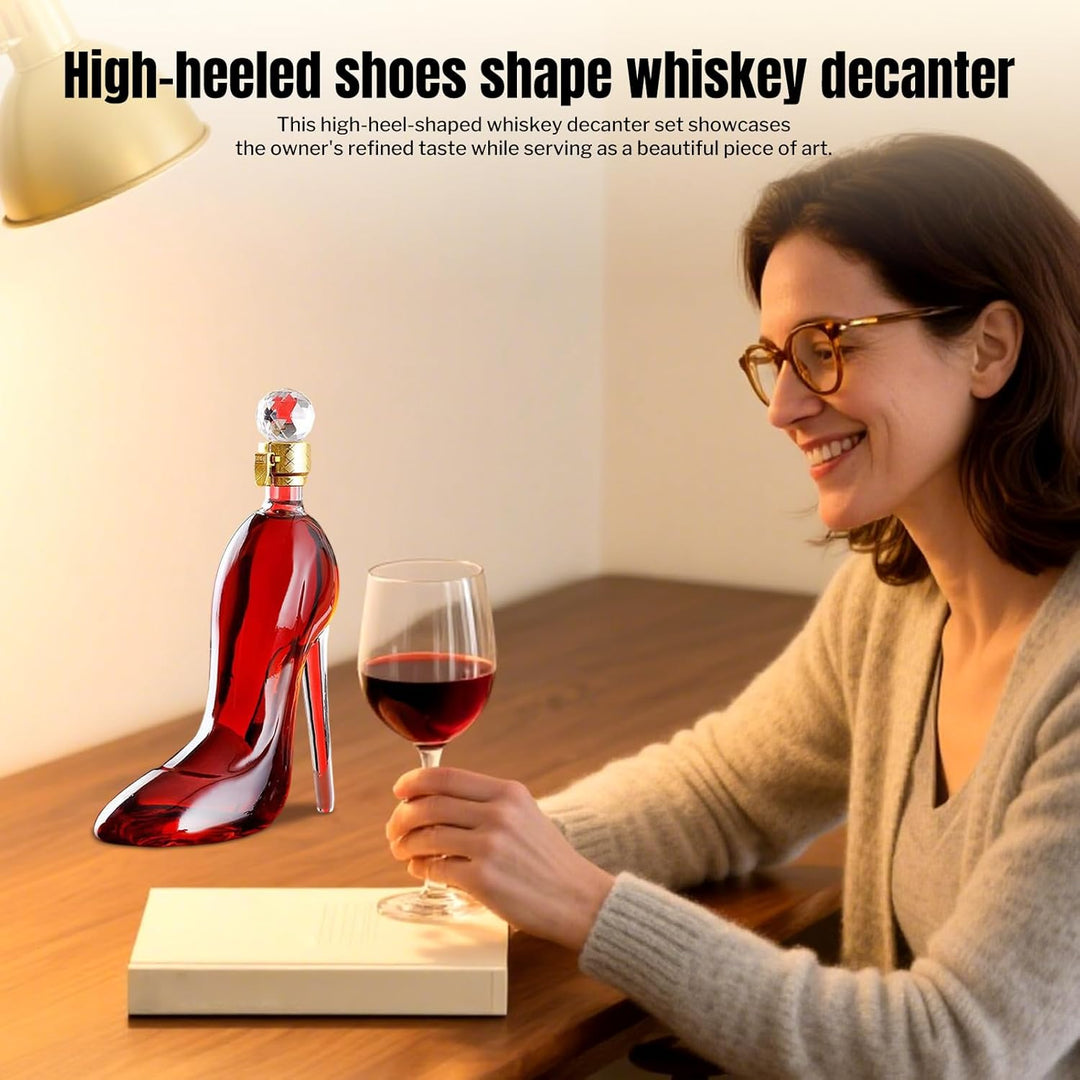 Weindekanter, hochhackige Schuhform, grosse Anwendung, Whiskyflasche mit Deckel, 350 ml, transparent