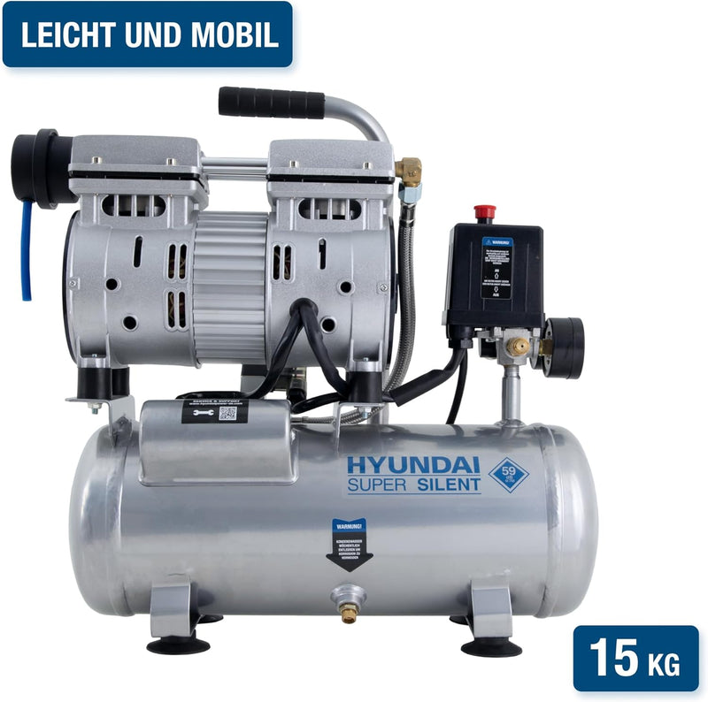 HYUNDAI Silent Kompressor SAC55751 (Druckluftkompressor tragbar klein kompakt leise, ölfrei, Flüster