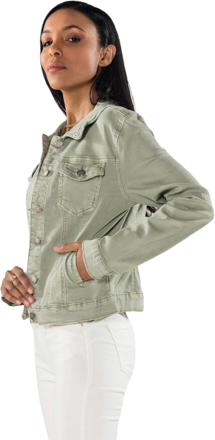 Nina Carter J212 Damen Slim-Fit Jeansjacke – Farbige Übergangsjacke mit Kent-Kragen und Taschen – Fr