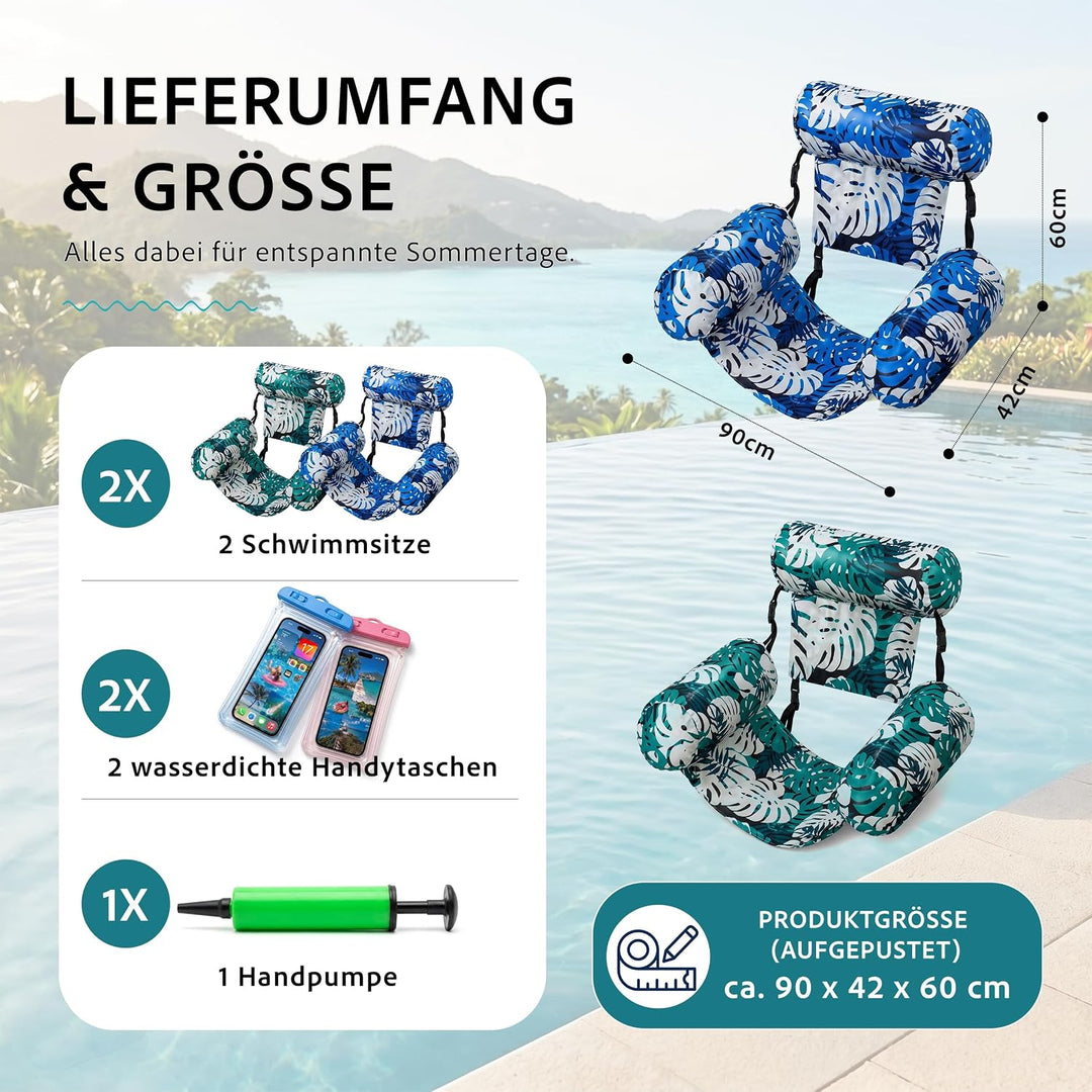 Wasserhängematte Pool Erwachsene 2er Set Aufblasbarer Schwimmsessel mit Stoffbezug Rückenlehne Handp