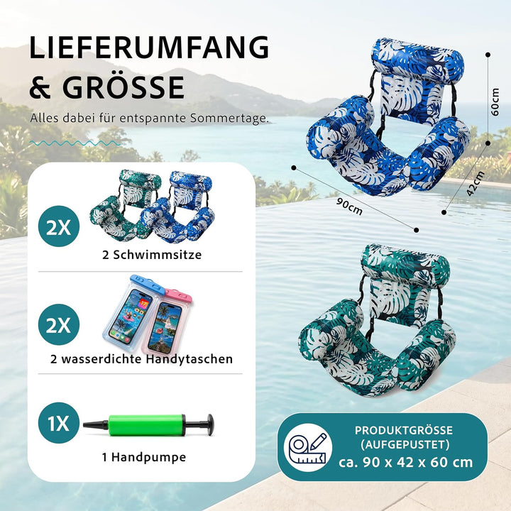 Wasserhängematte Pool Erwachsene 2er Set Aufblasbarer Schwimmsessel mit Stoffbezug Rückenlehne Handp