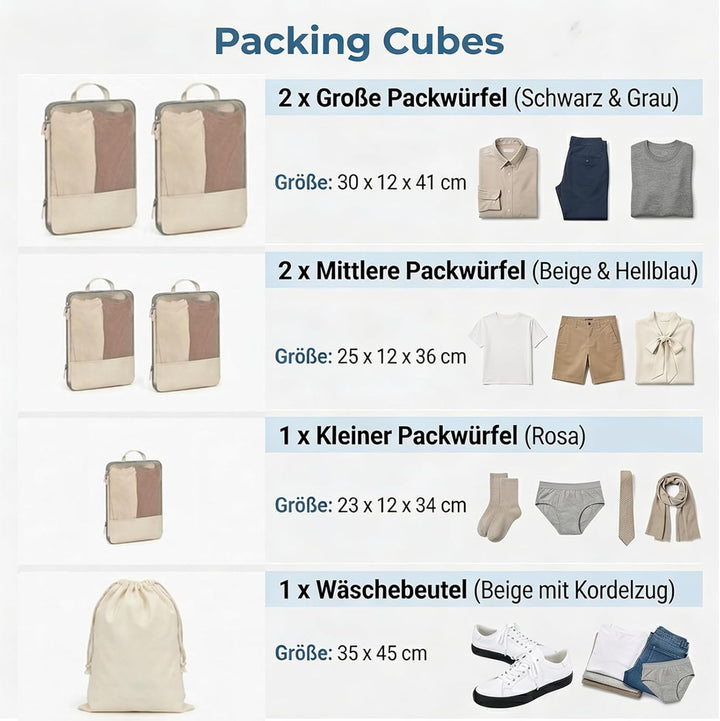 Koffer Organizer, 6er Set Packing Cubes Kompression Beige mit Langgriff, Premium Packwürfel für Reis
