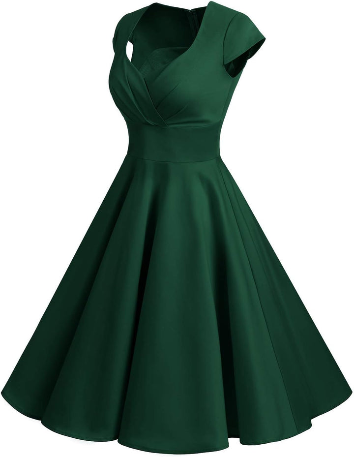 Bbonlinedress 1950er Vintage Retro Cocktailkleid Rockabilly V-Ausschnitt Faltenrock XS 01-dark Green