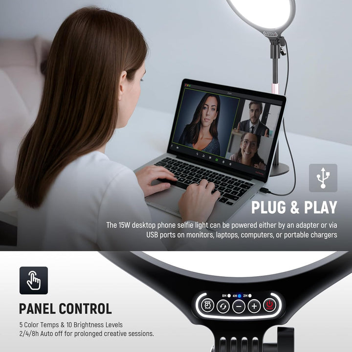 NEEWER Basics 10,5" Desk Ring Light w Stand/Phone Holder/Timer, Full Screen 15W Dimmable LED Selfie