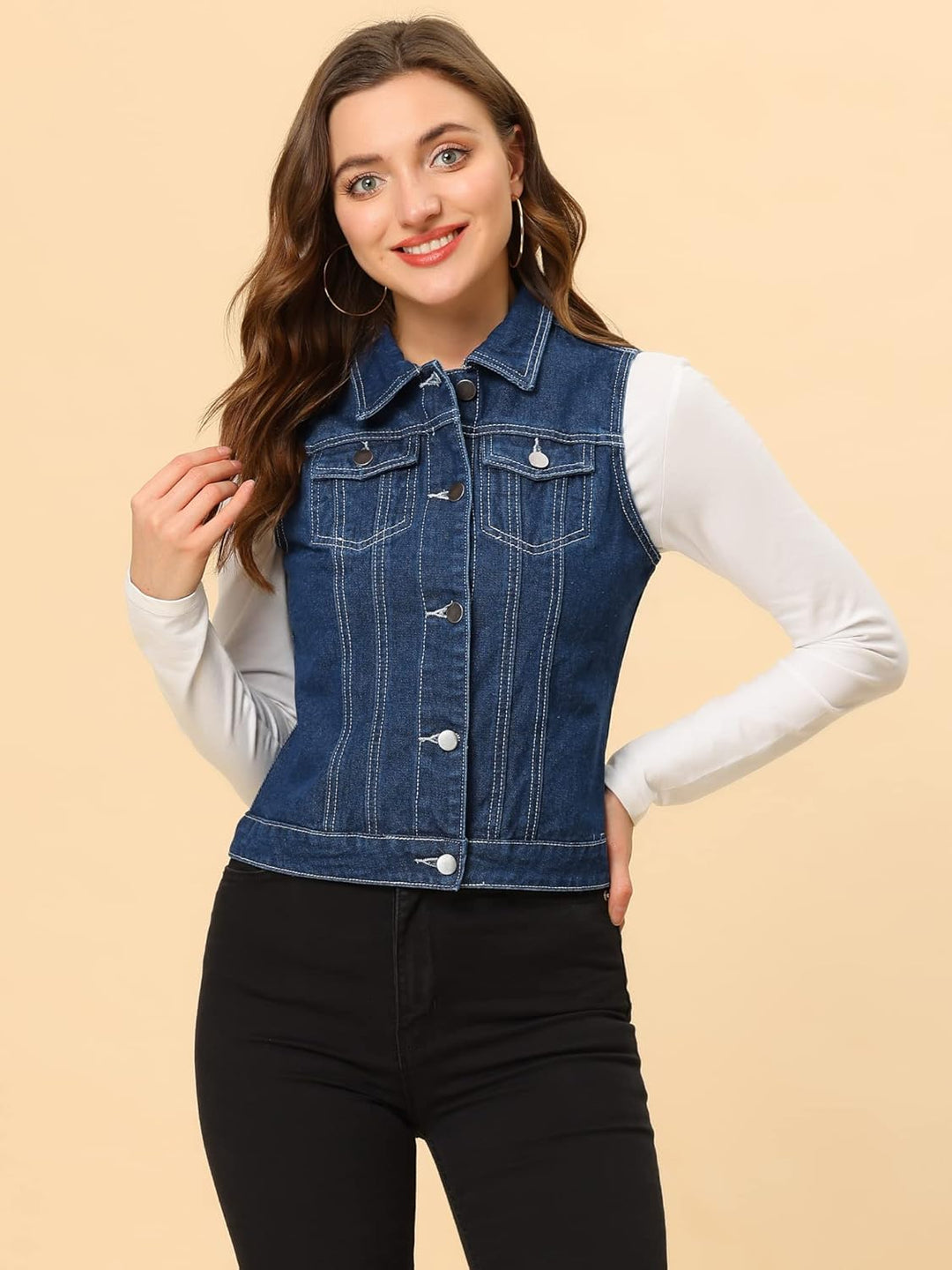 Allegra K Damen Denim Vest Collegejacke L Dunkelblau-1, L Dunkelblau-1