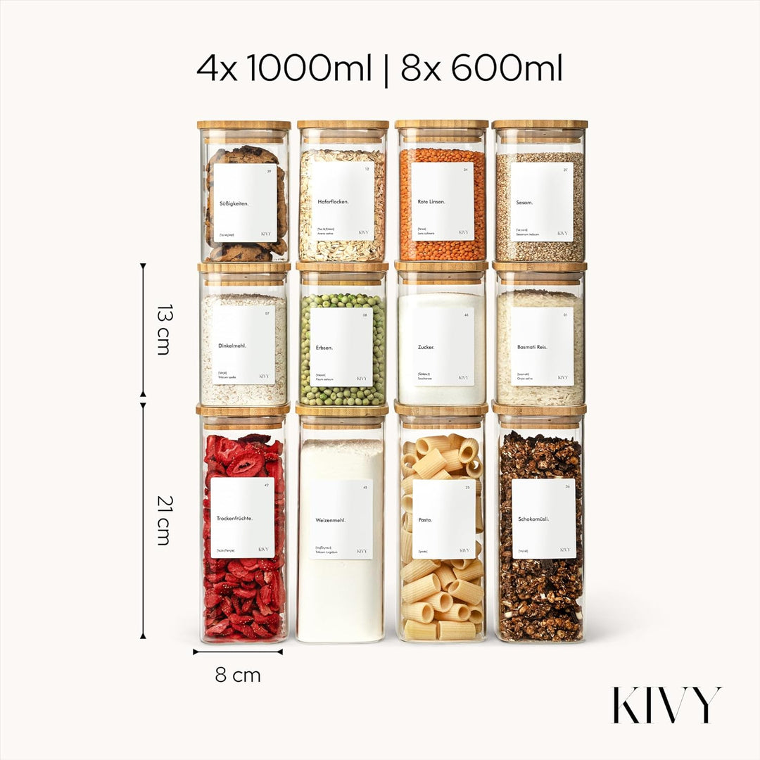 KIVY Vorratsgläser eckig [12er Set] + Etiketten - Stapelbare & Luftdichte Vorratsgläser mit Deckel -