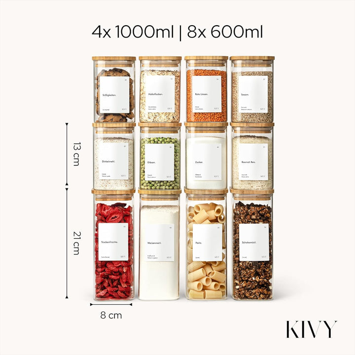 KIVY Vorratsgläser eckig [12er Set] + Etiketten - Stapelbare & Luftdichte Vorratsgläser mit Deckel -