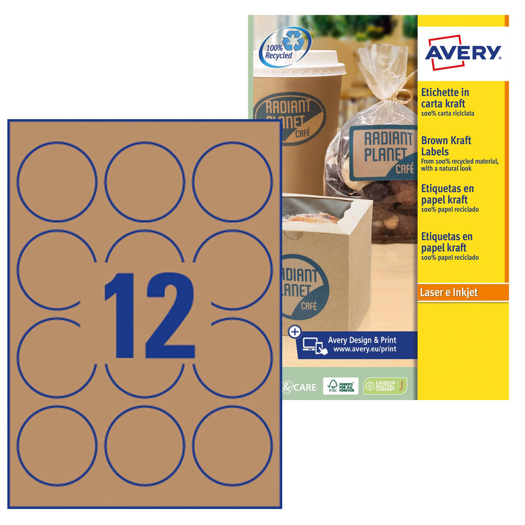 Avery L7106-20 Runde Etiketten Papier Durchmesser 60 mm 240 Stück naturbraun