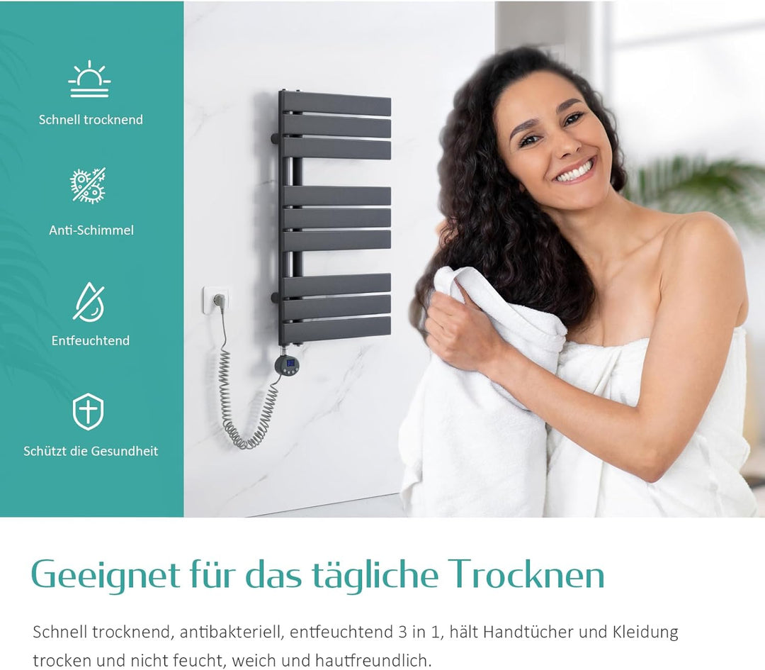 EMKE Handtuchheizkörper Elektrisch 762x600 mm, Flach Badheizkörper Handtuchhalter Elektrisch, Elektr