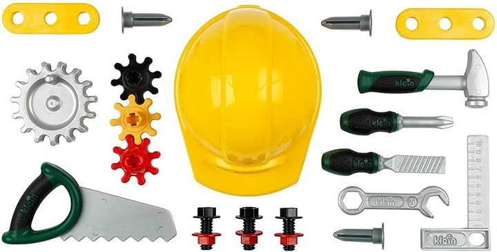 Klein Theo 8612 Bosch Werkbank Junior 2+ | Inkl. Helm, Schraubstock, Werkzeugen, Latten, Nägel, Schr