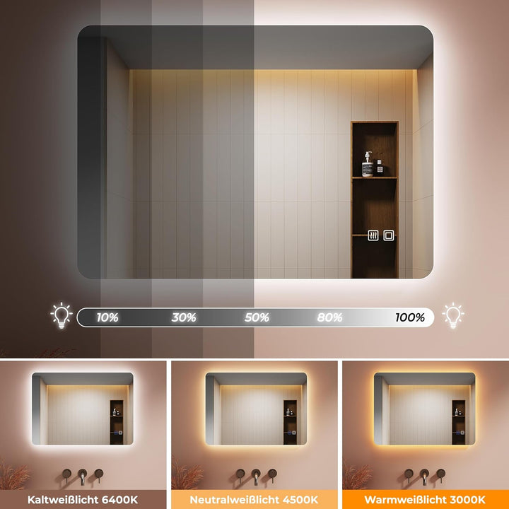 Badspiegel mit Beleuchtung, 120x60x3.5cm, Wandspiegel mit 3.5 cm kupferfreiem Glas, LED mit 3 Farben