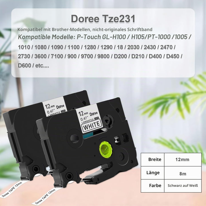 DOREE 6er-Pack Tze-231 bänder 12mm schwarz auf weiss,UV-beständig,Compatible with brother tze231 tz