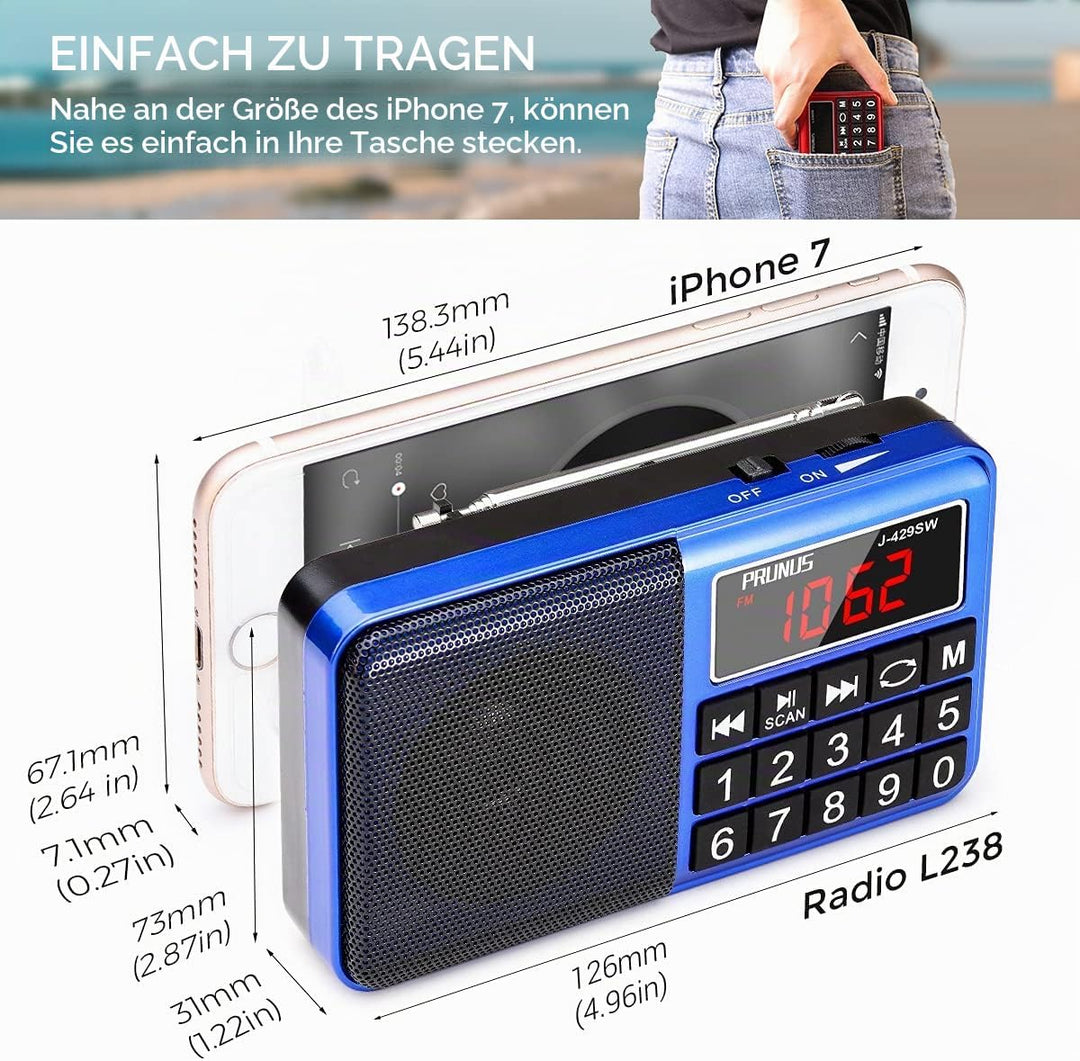PRUNUS J-429SW Tragbares Radio klein FM/AM(MW)/SW,Grosse Gummierte Knöpfe&Display Digital Radio für