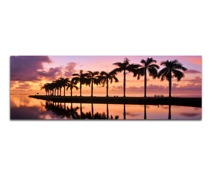 Paul Sinus Art Panoramabild auf Leinwand und Keilrahmen 120x40cm Miami Meer Palmen Sonnenaufgang Spi