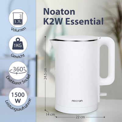 Noaton K2W Essential, Elektrische Wasserkocher, Kapazität 1,7, Doppelwand-Design, Edelstahl, 1500 W,