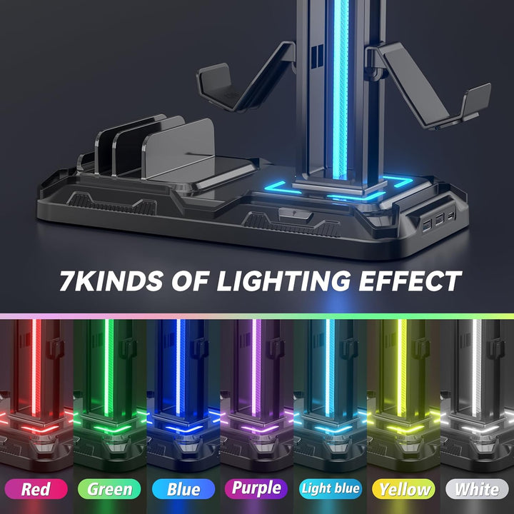 KDD Headset Halterung Led mit Ladestation - PS5 Controller Halter & Kopfhörer Ständer Tisch mit 9 Li
