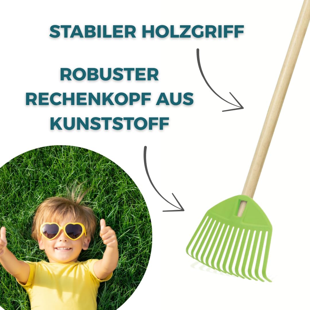 2 STK. Grün Kinderrechen 70cm – Mini-Gartenrechen mit Holzgriff, Rechen/Kleinbesen für Kinder, perfe