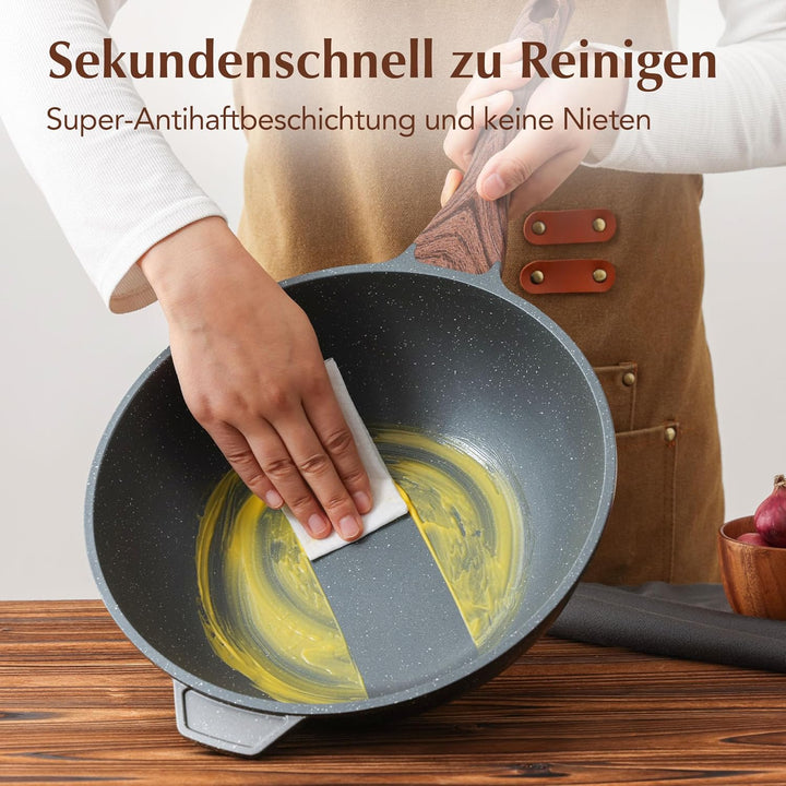 SENSARTE Antihaft Pfanne 28cm, Tiefe Wokpfanne mit Deckel, Schweizer Granitbeschichtung Kochpfanne G