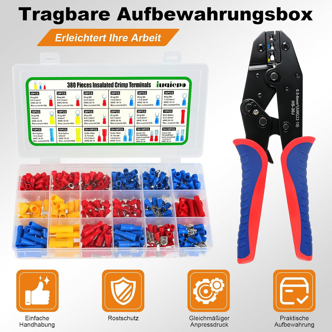 Isoliertes Kabelschuhe Set mit 380 Stück, Crimpzange Kabelschuhe für 0,5–6 mm², geeignet für die Rep