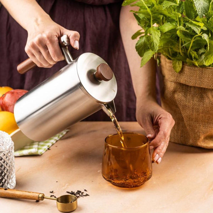 KINGHoff French Press 1 Liter, Edelstahl 304, Doppelwandig, Holzgriff, Thermodruck, Edelstahl, Mikro