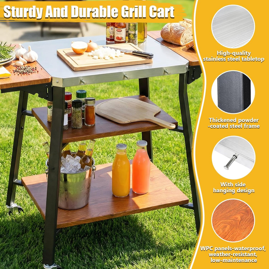 GFTIME Grillwagen mit Edelstahl-Arbeitsplatte, BBQ Wagen mit 2 klappbaren Seitenablagen & 2 Ablagebö